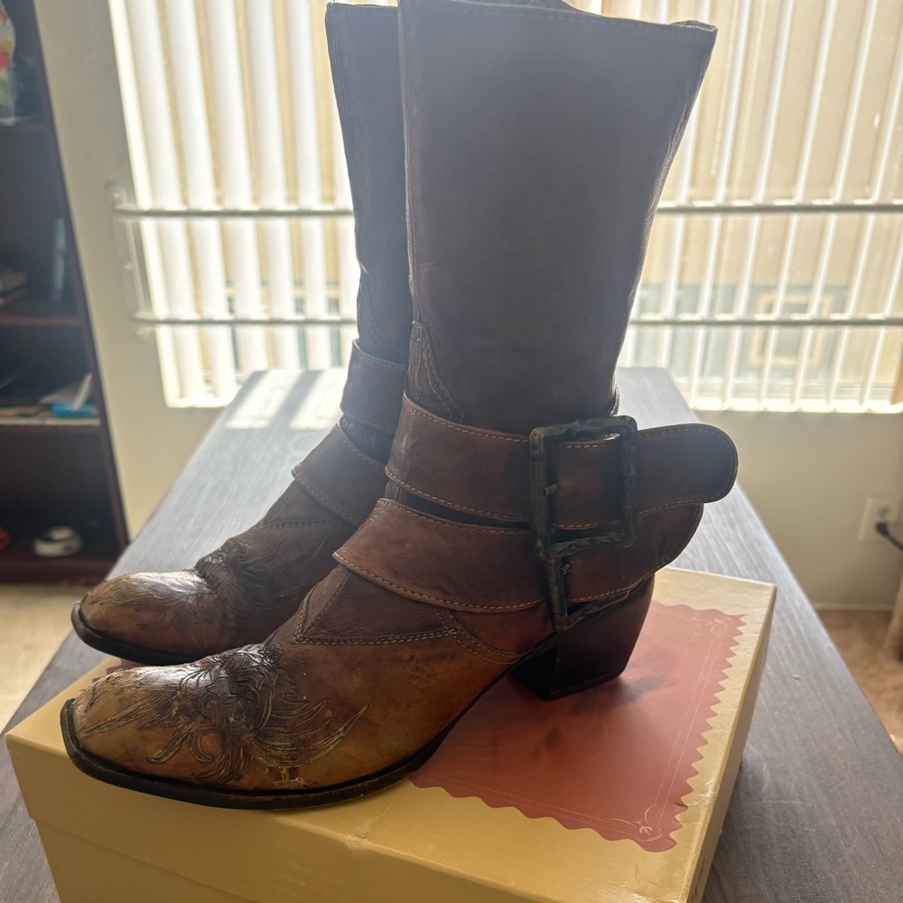 Mark Nason Brown Leather Western Buckle Heeled Boots